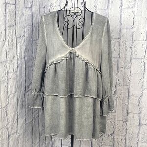 ENTRO Gray Ruffled V Neck‎ Oversized Women's Blouse Small